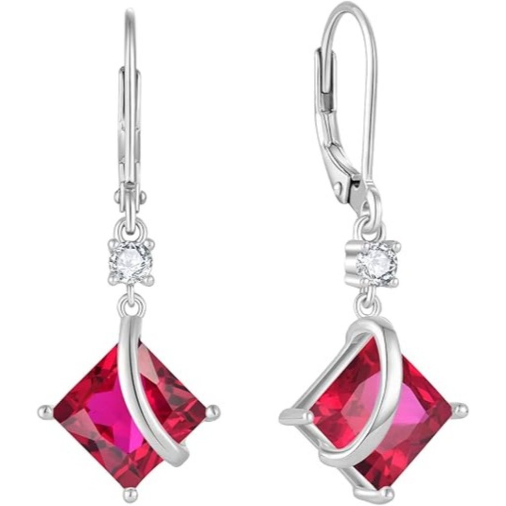 Square Solitaire Princess Cut Drop Dangle 925 Sterling Silver 07 July - Ruby